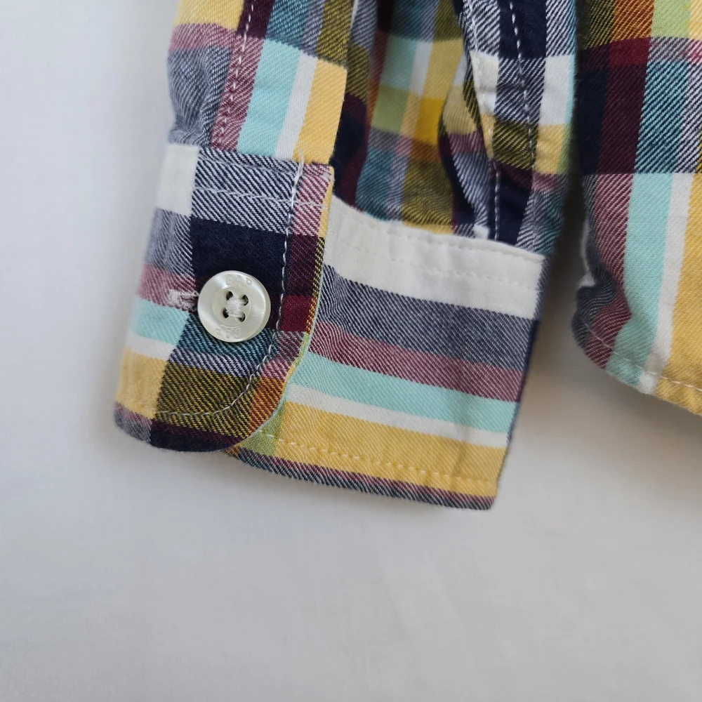 Baby Gap Boys White Gray Yellow Plaid Long Roll Tab Sleeve Preppy Button Shirt 5